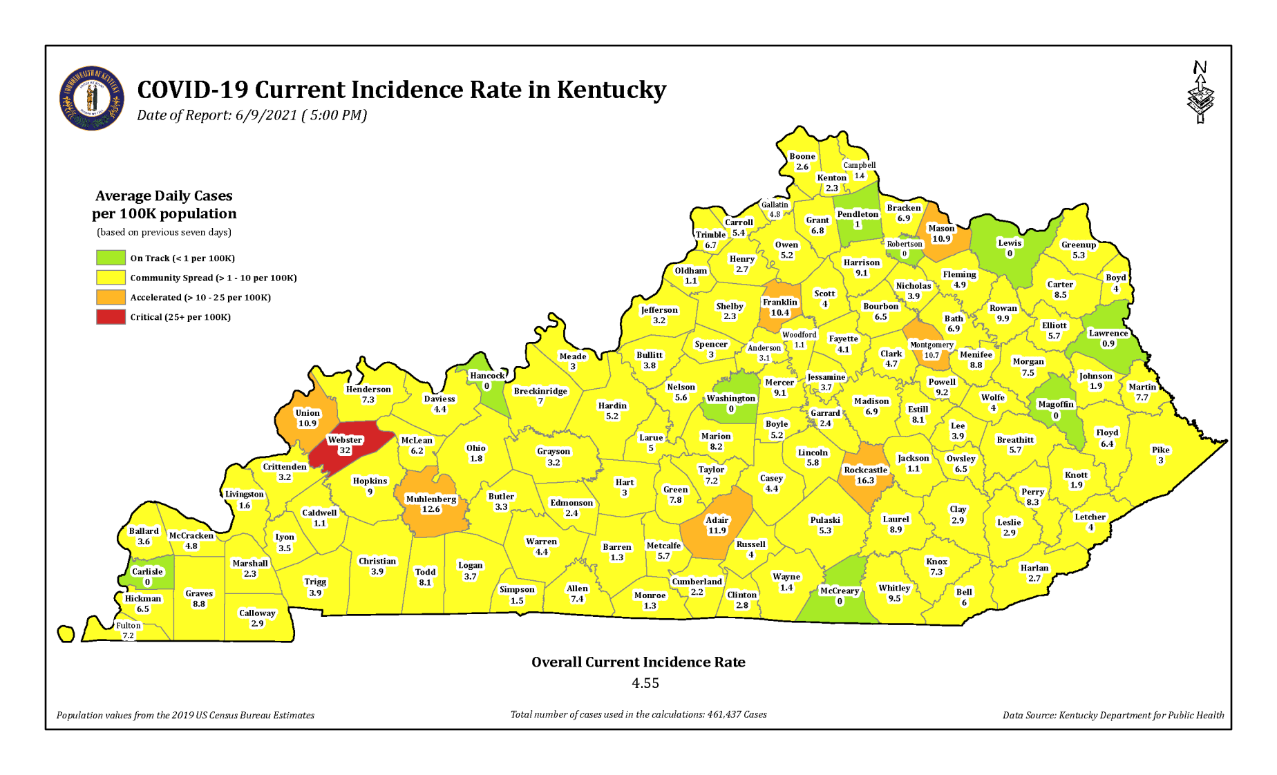 Kentucky COVID-19 incidence rate 6/9/21